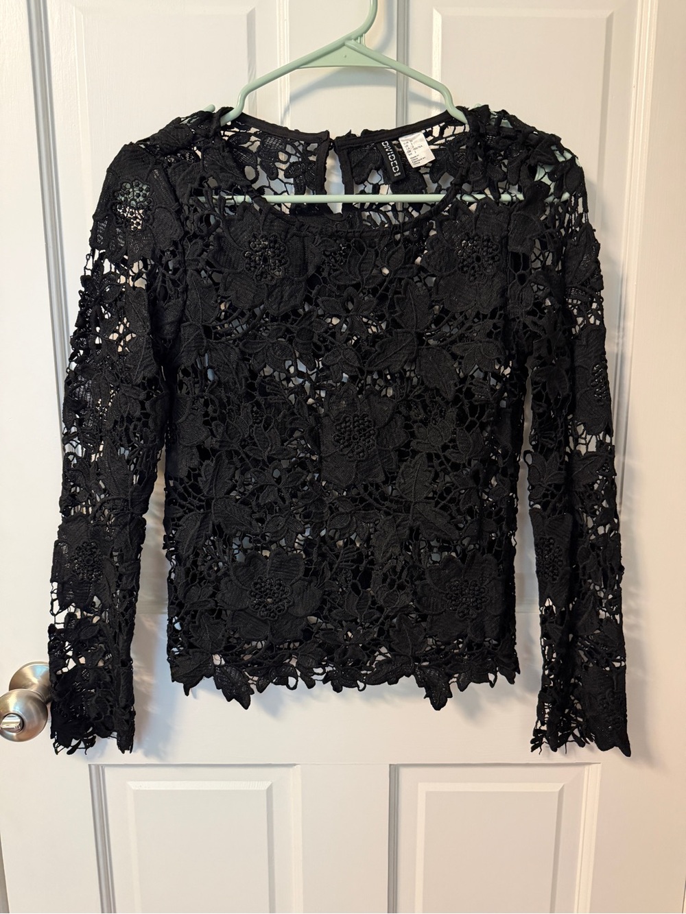 Whimsigoth witchy Black Crochet Lace Long-Sleeve Top